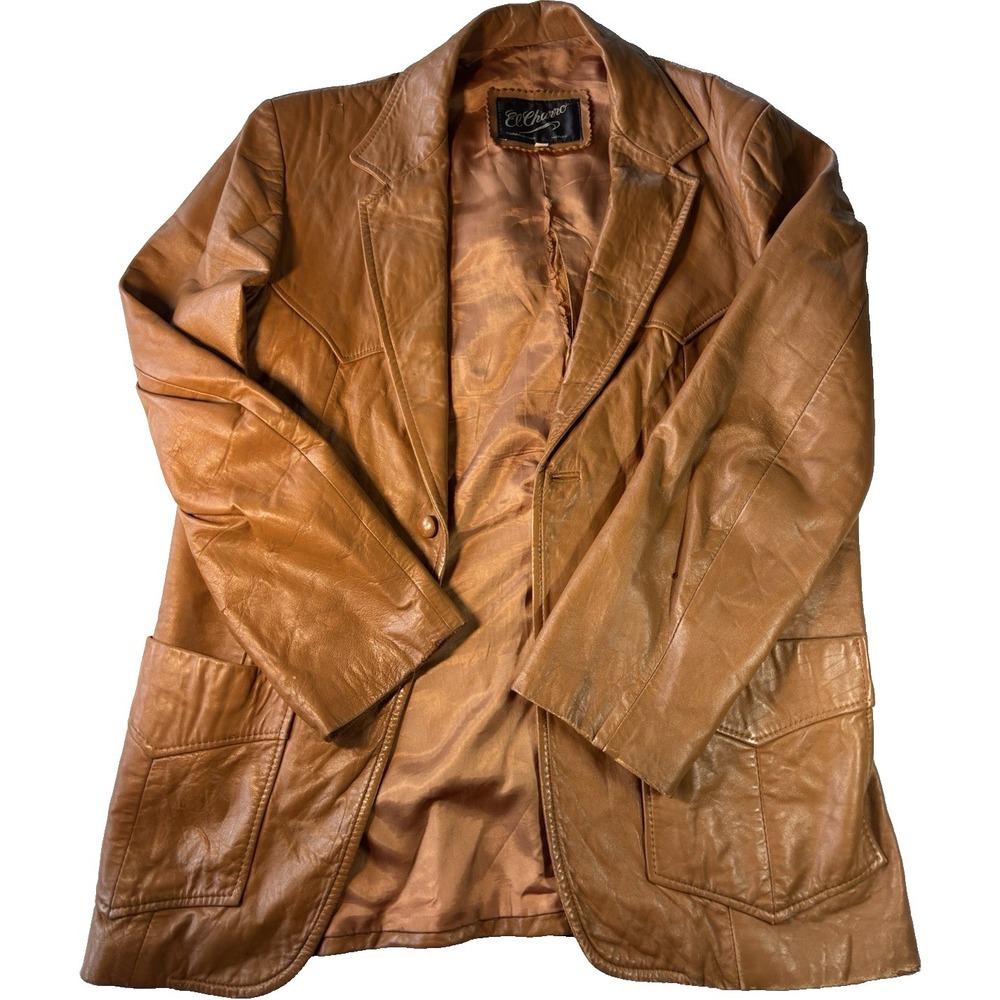 Vintage El Charro Men's Brown Leather Blazer Jacket Button Lined Pockets Size 42